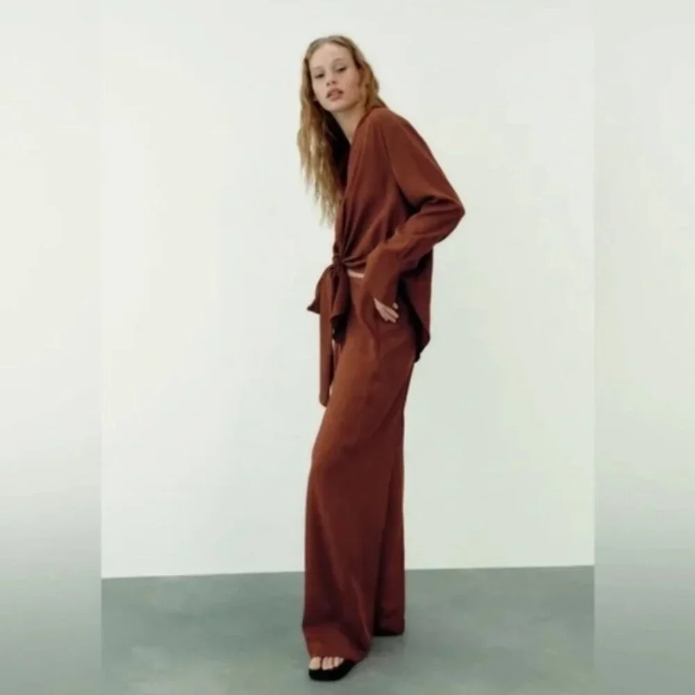 NWT ZARA Wide Leg Flowy Back Elastic Waist Pants Flying FabricCooper 9479/054 XL